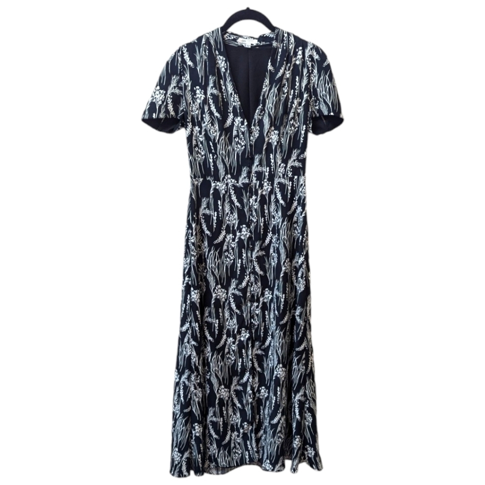 Equipment Gaetan White Floral on Black Button Front Tea Length Dress (0) - Picture 2 of 6
